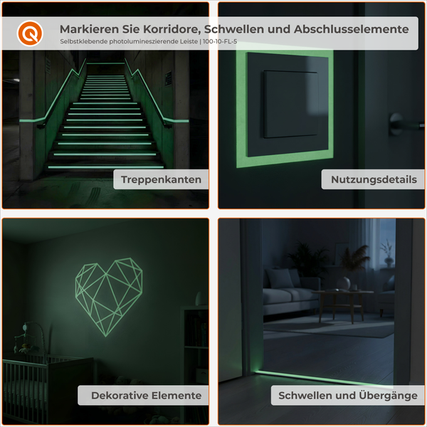 Fotolumineszierendes, selbstklebendes Band zur Markierung von Treppen, Lichtschaltern, Dekorationen und Türschwellen.