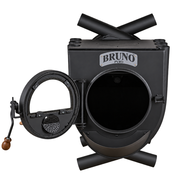 Bruno Pyro Warmluftofen aus Stahl mit offener Brennraumtür und Bruno Pyro Logo.