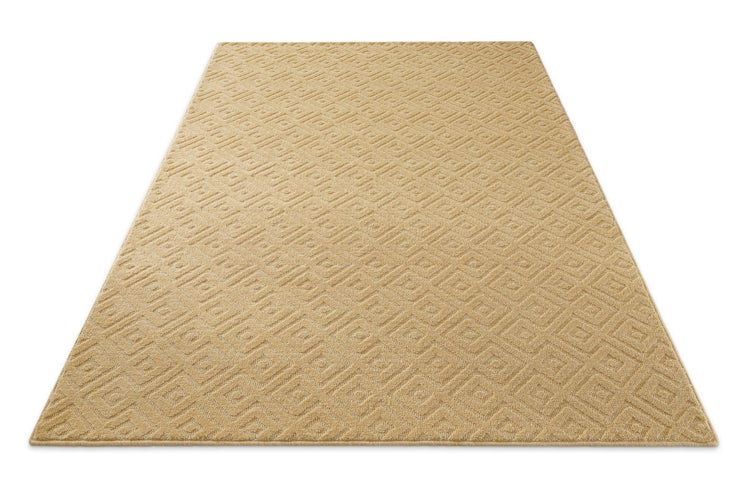 Beiger rechteckiger Teppich mit geometrischem Muster aus Quadraten und Rauten.