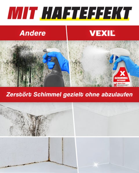 Vergleichsbild zeigt die Wirkung von Vexil Schimmelentferner mit Hafteffekt gegenüber herkömmlichen Produkten bei der Schimmelbekämpfung an Wänden.