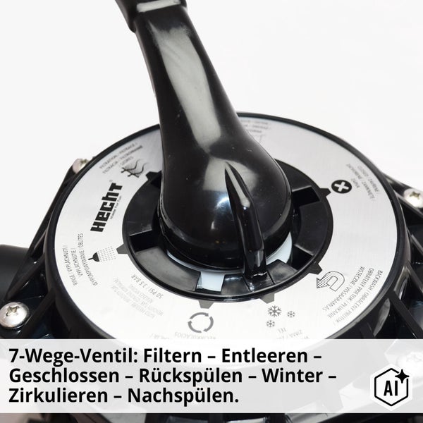 Hecht 7-Wege-Ventil für Sandfilteranlage mit Hebel zur Einstellung der verschiedenen Filterfunktionen für Poolwasser.