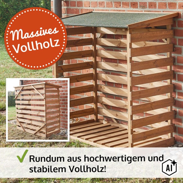 Holz Kaminholzregal aus massivem Vollholz mit Dach für die Außenlagerung von Brennholz an einer Hauswand.