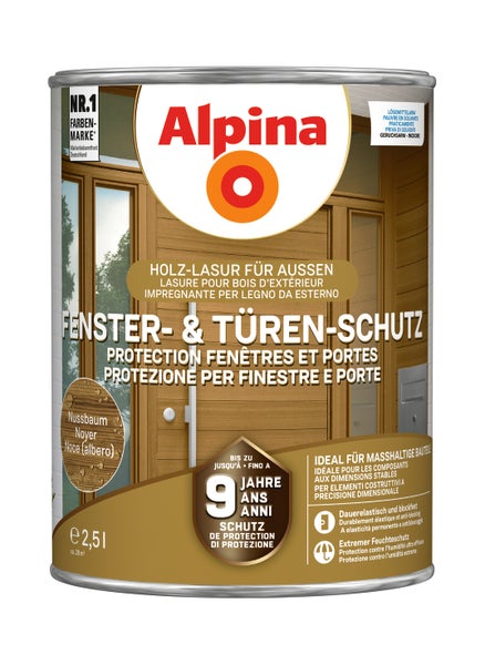 Alpina Fenster und Türen Schutz Holzlasur für aussen, Farbton Nussbaum, 2,5 Liter Gebinde für dauerelastischen Holzschutz im Außenbereich.