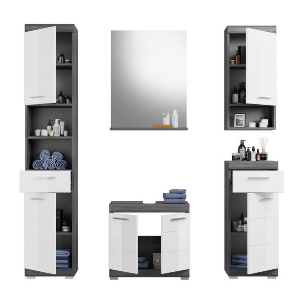 Modernes Badezimmermöbel-Set bestehend aus Hochschrank, Waschbeckenunterschrank, Wandschrank, Spiegel und Unterschrank in Anthrazit mit weißen Fronten.
