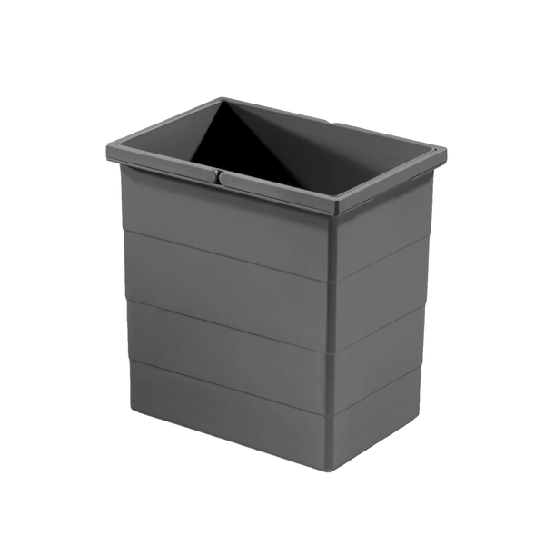 Rechteckiger Abfalleimer aus grauem Kunststoff mit integrierten Tragegriffen.