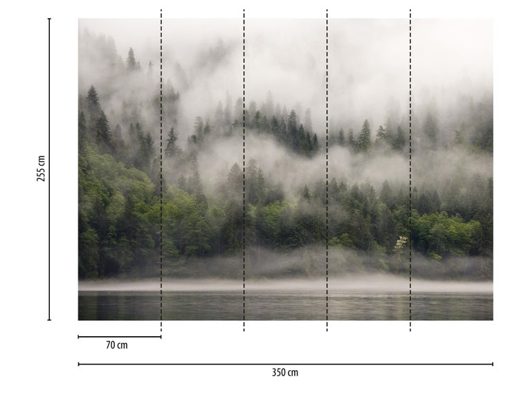 Fototapete mit nebliger Waldlandschaft am Wasser, 350 Zentimeter breit und 255 Zentimeter hoch, bestehend aus fünf Bahnen zu je 70 Zentimeter.