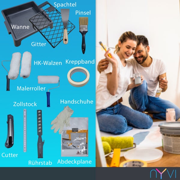 Maler-Set mit Wanne, Gitter, Spachtel, Pinsel, Walzen, Kreppband, Zollstock, Cutter, Rührstab, Handschuhen, Abdeckplane, Paar und NYVI Logo.