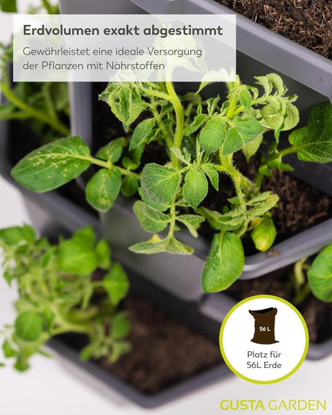 Etagenbeet mit Erde und Pflanzen. Bietet Platz für 56 Liter Erde für eine ideale Nährstoffversorgung. Gusta Garden Logo.