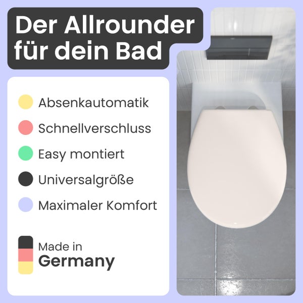 Detailaufnahme einer Toilette mit den Produktvorteilen aufgeführt.
