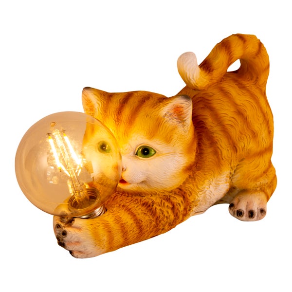 Dekorative Gartenleuchte in Form einer Katze mit einer leuchtenden Glühbirne