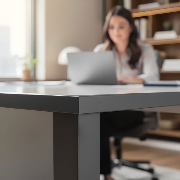 Schreibtisch mit Person und Laptop im Arbeitszimmer