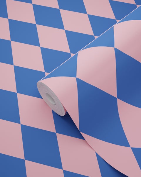 ESTAhome Tapete Karomuster Blau und Rosa - 50 x 900 cm - 131601
