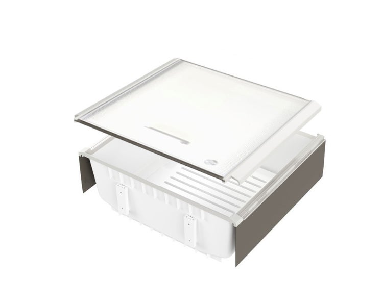 Weiße Kühlschrank-Schublade aus Kunststoff mit transparentem Deckel und seitlichen Blenden.