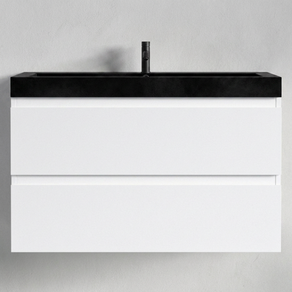 Hängender Waschtischunterschrank mit zwei Schubladen und einem Aufsatzwaschbecken inklusive Armatur für das moderne Badezimmer.