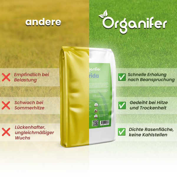Vergleich von Rasensamen: Empfindlichkeit gegenüber Belastung, Hitzebeständigkeit und Wachstum im Vergleich zu schneller Erholung, Hitzebeständigkeit und dichter Rasenfläche mit Organifer Logo