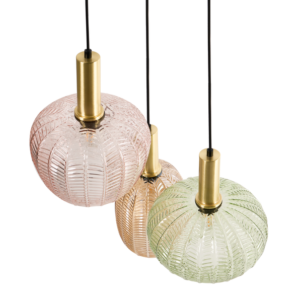 Drei Pendelleuchten mit Blattmuster aus Glas