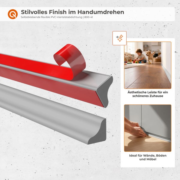 Selbstklebende flexible Kunststoff Viertelstableiste zur Abdichtung von Übergängen an Boden Wand und Möbeln.