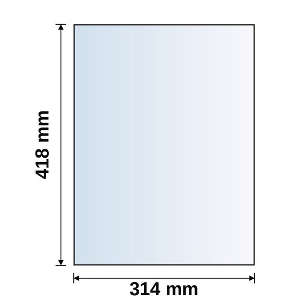 Rechteckige Scheibe mit den Maßen 418 Millimeter Höhe und 314 Millimeter Breite.