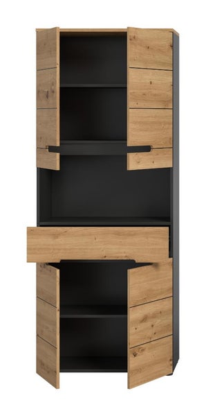 Hochschrank mit Türen in Holzoptik, einem offenen Mittelfach und einem Schubfach, anthrazitfarbener Korpus.