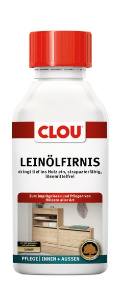 CLOU Leinölfirnis in einer weißen Flasche mit rotem Deckel zur Pflege und Imprägnierung von Holz im Innenbereich und Außenbereich.