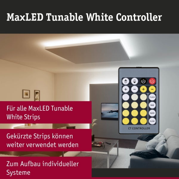 Paulmann MaxLED Tunable White Controller mit Fernbedienung, Controller Box und Anschlusskabeln.