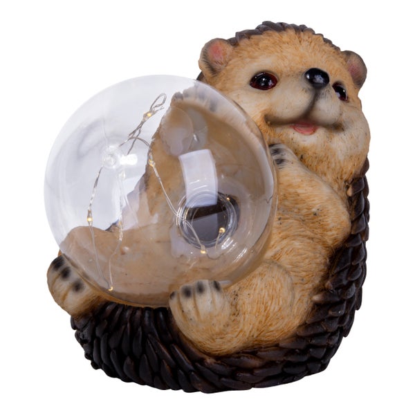 LED Solarleuchte Igel für Terrasse und Garten, aus braunem Kunststoff, mit fest verbauten LEDs, Deko Lampe für Außen 17 x 14,5 x 12 cm