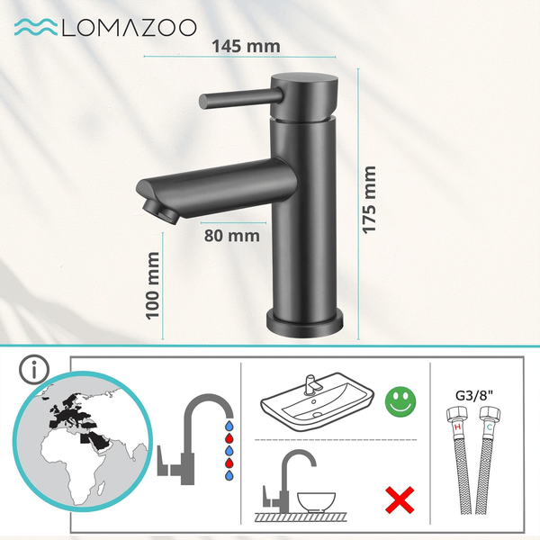 Lomazoo Waschtischarmatur mit Maßangaben und Installationshinweisen