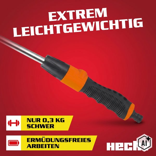 Leichte Hecht Sprühlanze mit ergonomischem Griff für ermüdungsfreies Arbeiten, Gewicht 0,3 Kilogramm, mit Hecht Logo.
