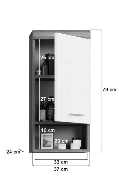 Scout Badschrank wandhängend 1 Tür, 1 Ablage Hochglanz weiß,rauchfarbenen. 37 X 24 X 79 cm
