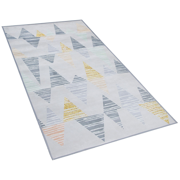 Rechteckiger, mehrfarbiger Teppich mit geometrischem Dreiecksmuster und gestreiften Texturen.