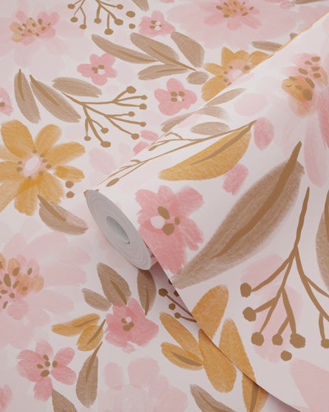 ESTAhome Tapete Blumen Rosa, Orange und Graugrün - 50 x 900 cm - 130925