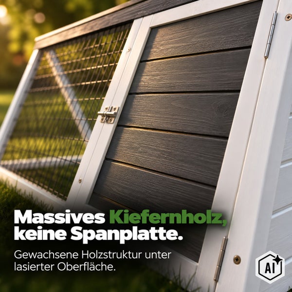 Detailansicht eines Kleintierstalls aus massivem Kiefernholz mit Drahtgitter und lasierter Oberfläche für den Außenbereich.