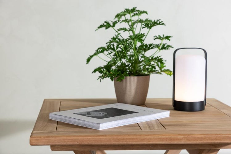 Dekoratives Arrangement mit Pflanze, Lampe und Zeitschrift auf einem Holztisch