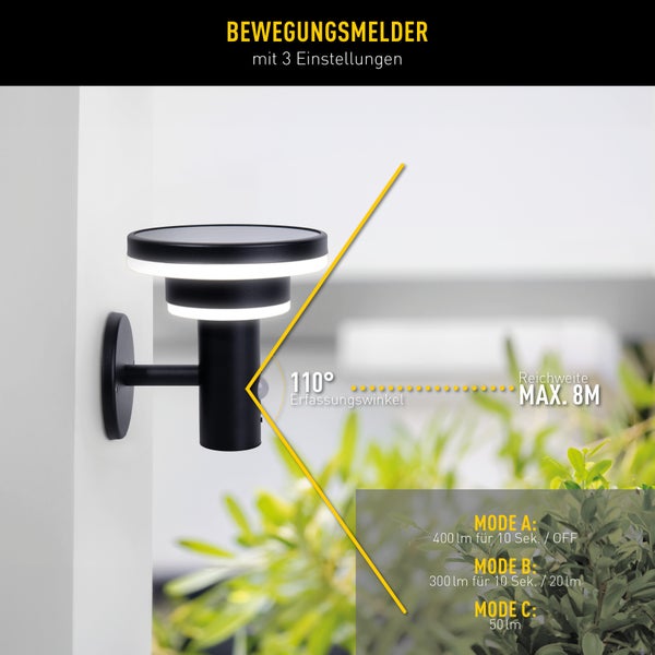 Außenleuchte mit Bewegungsmelder, Erfassungswinkel 110 Grad, Reichweite maximal 8 Meter