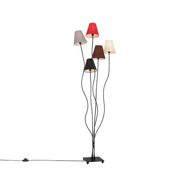 QAZQA - Modern Design Stehleuchte I Stehlampe I Standleuchte I Lampe I Leuchte schwarz mit Stoffschirm 5-flammig - Melis I Wohnzimmer I Schlafzimmer - Textil Länglich - LED geeignet E14