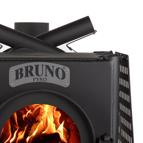 Detailansicht eines Bruno Pyro Holzofens mit brennendem Holz