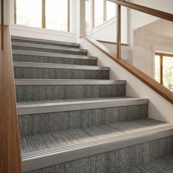 Treppenverkleidung mit texturiertem Teppichbelag und Stufenkantenprofilen aus Metall in einem hellen Treppenhaus mit Holzhandlauf.