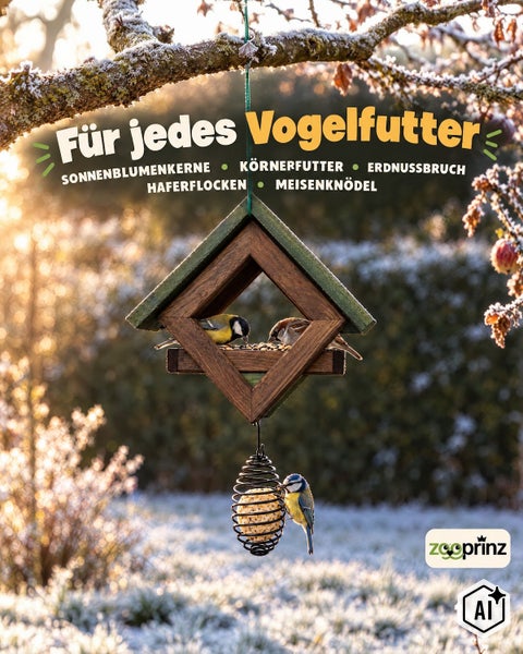 Holz Vogelfutterhaus mit hängender Meisenknödelhalterung in einem frostigen Garten mit Vögeln und Zooprinz Logo.