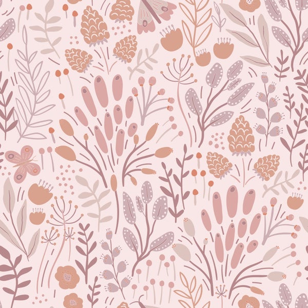 ESTAhome Tapete Blätter und Blumen Violett und Terrakotta - 50 x 900 cm - 131386