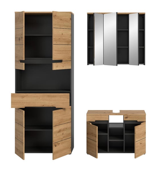 Badezimmermöbel-Set in Holzoptik und Anthrazit, bestehend aus Hochschrank, Spiegelschrank und Waschbeckenunterschrank mit offenen Türen.