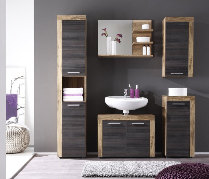 CancunBoom Bad Hochschrank 2 Türen, 1 offenes Fach Nussbaum Dekor, Touchwood Dekor. 36 X 31 X 184 cm