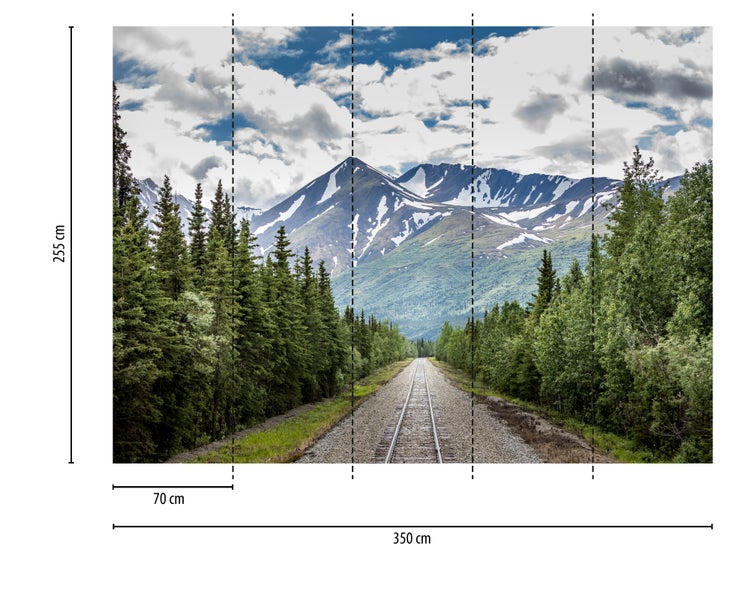 Fototapete mit Berglandschaft, Wald und Eisenbahnschienen, Maße 350 mal 255 Zentimeter, 5 Bahnen zu je 70 Zentimeter.