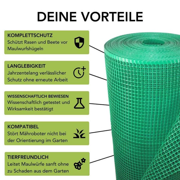 Maulwurfgitter Florade Premium 0,8 m x 300 m Polyethylen (PE) Grün inkl. effektiver Schutz gegen Maulwürfe