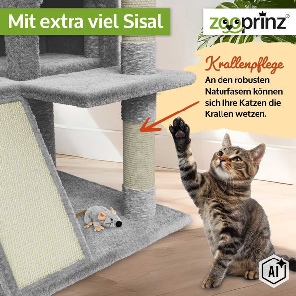 Katze vor einem Kratzbaum mit Sisalstamm und Spielzeugmaus, Zooprinz Logo, Text weist auf Krallenpflege an Naturfasern hin.