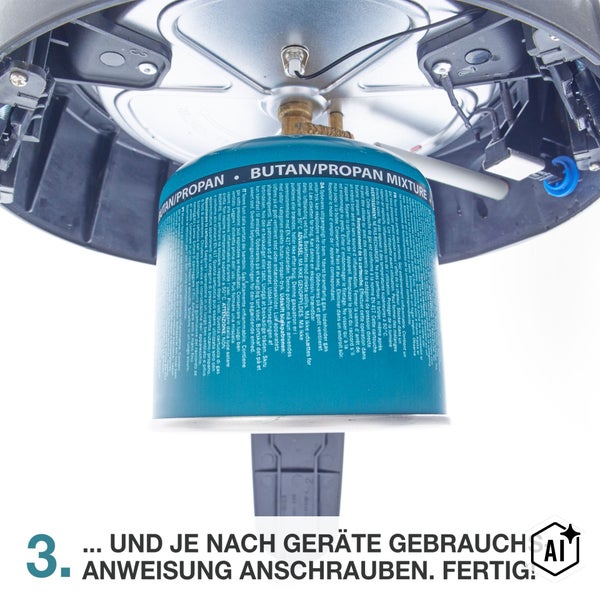 Gaskartusche mit Butan und Propan Gemisch unter einem Gerät verschraubt als Anleitungsschritt für die Montage.