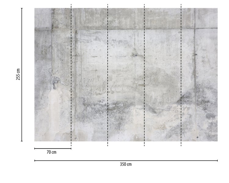 Vlies-Fototapete in Betonoptik, Gesamtmaß 350 mal 255 Zentimeter, unterteilt in fünf Bahnen mit jeweils 70 Zentimeter Breite.