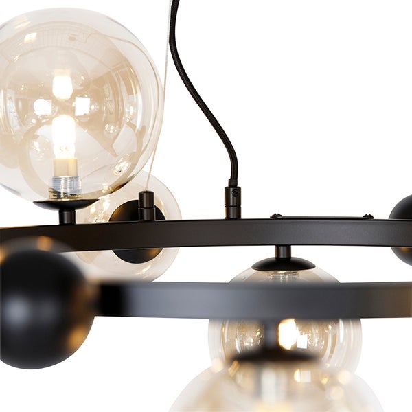 Art-Deco-Hängelampe schwarz mit bernsteinfarbenem Glas 12 Lichter – David
