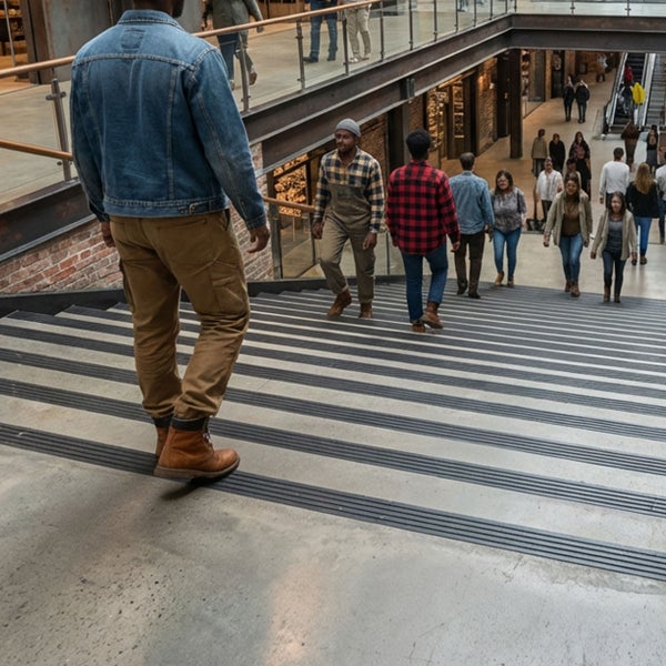 Menschen beim Aufsteigen einer breiten Betontreppe in einem modernen, industriell gestalteten Innenbereich mit Stahlgeländer.