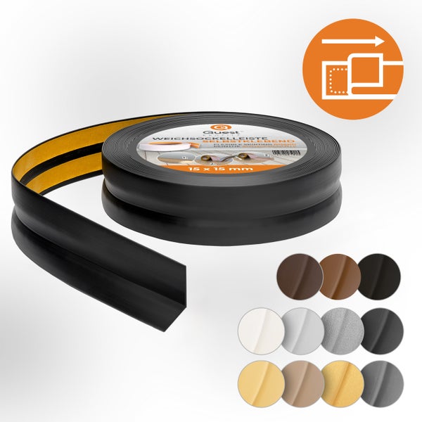 Quest Weichsockelleiste Selbstklebend 15 x 15 mm, PVC, Flexibel, Schwarz, 5 Meter