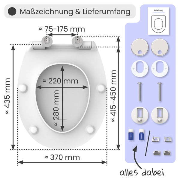 Maßzeichnung und Lieferumfang eines Toilettendeckels mit den Maßen 435 x 370 mm